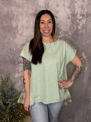 Dusty Sage Top with Ruffle Back Mixed Pattern Detail