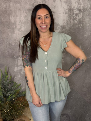 Sage Button Ruffle Sleeve Top