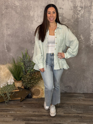 Stripe Peplum Style Green and Blue Top (Small - 3X)