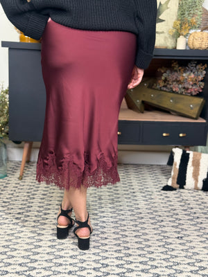 Satin Lace Midi Skirt - Burgundy
