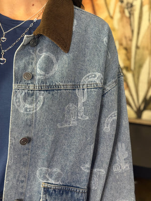 Denim Western Print Jacket with Corduroy Detail