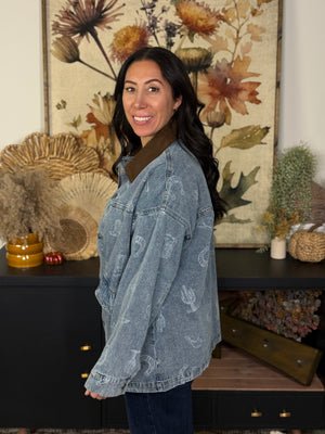 Denim Western Print Jacket with Corduroy Detail