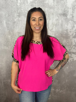 Pink Short Sleeve Top with Leopard Trim