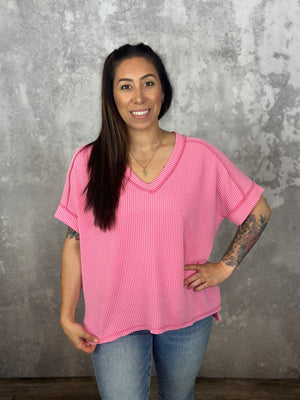 Soft Ribbed Short Sleeve Vneck Top - Pink RESTOCK - FINAL SALE