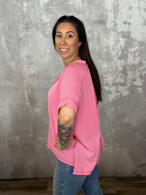 Soft Ribbed Short Sleeve Vneck Top - Pink RESTOCK - FINAL SALE