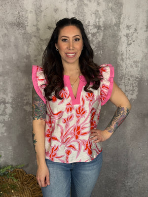 Pink and Ivory Ruffle Sleeve Top