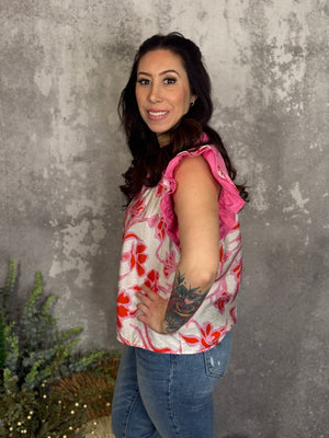 Pink and Ivory Ruffle Sleeve Top