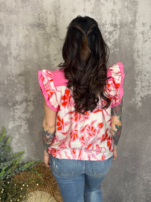 Pink and Ivory Ruffle Sleeve Top