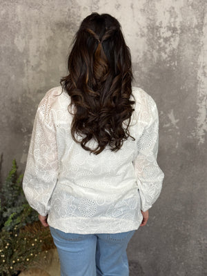 White Floral Embroidered Laser Cut Blouse - (Small - 3X)