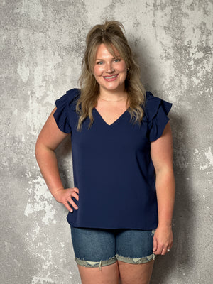 The Olivia Ruffle Top - Navy