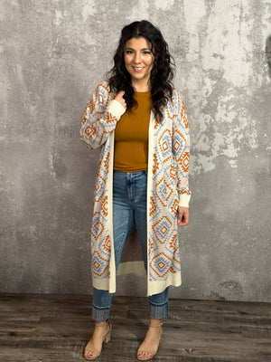 Geo Print Long Cardigan (Small - 3X) RESTOCK