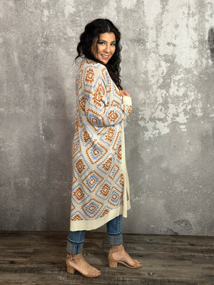 Geo Print Long Cardigan (Small - 3X) RESTOCK