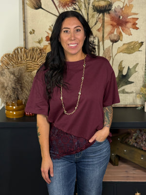 Asymmetrical Lace Tee - Burgundy
