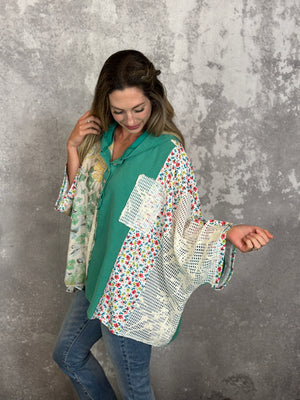 Jade Patch 3/4 Sleeve Hooded Top