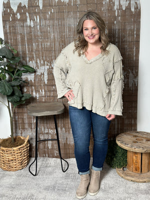 Reverse Hem Taupe Heart Vneck Top (Small - 3X)