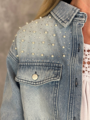 Denim Rhinestone Pearl Jacket (Small - 3X)