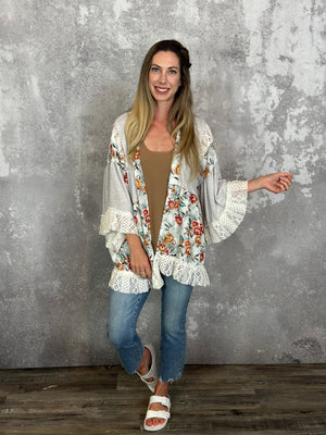 Grey Lace Floral Kimono