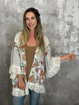 Grey Lace Floral Kimono
