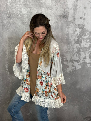 Grey Lace Floral Kimono