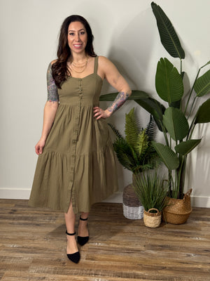 Olive Midi Dress with Buttons (Small - 3X)