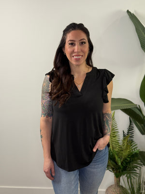The Wrinkle Free Lizzie Ruffle Tank - Black (Small - 3X)