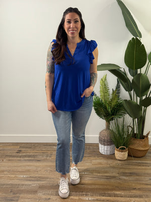 The Wrinkle Free Lizzie Ruffle Tank - Royal Blue (Small - 3X)