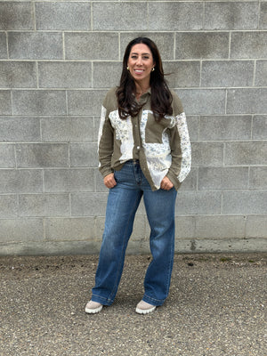 Olive Thermal Floral Panel Shacket Top (Small - 3X)