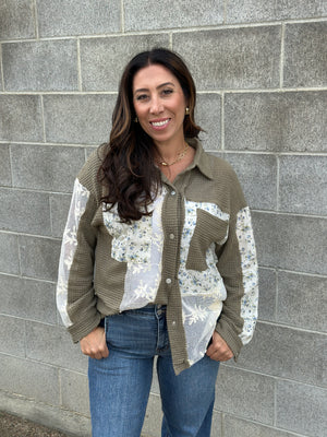 Olive Thermal Floral Panel Shacket Top (Small - 3X)