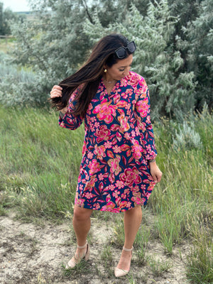 Teal with Bright Pink Floral Gabby Dress- (Small - 3X)