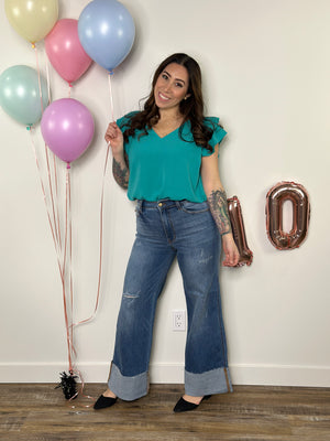 The Olivia Ruffle Top - Teal (Small - 2X)