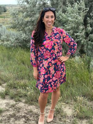 Teal with Bright Pink Floral Gabby Dress- (Small - 3X)