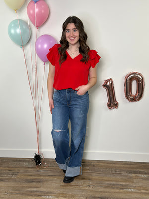 The Olivia Ruffle Top - Red (Small - 2X)