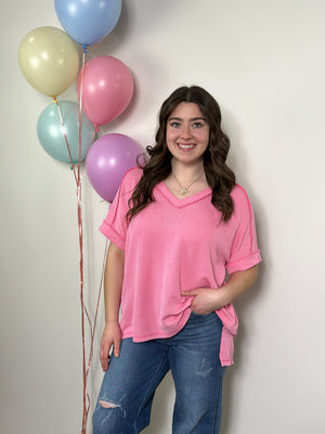 Soft Ribbed Short Sleeve Vneck Top - Pink RESTOCK - FINAL SALE