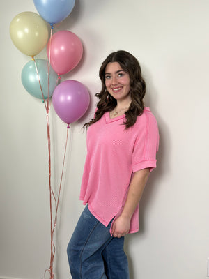 Soft Ribbed Short Sleeve Vneck Top - Pink RESTOCK - FINAL SALE