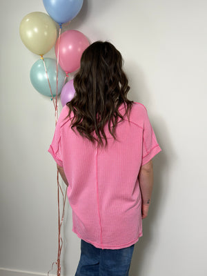 Soft Ribbed Short Sleeve Vneck Top - Pink RESTOCK - FINAL SALE