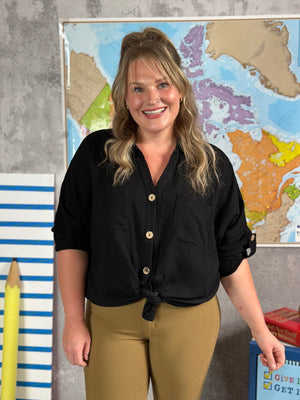 Black Gauze Button Up Top - (Small - 3X) - FINAL SALE