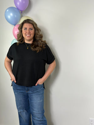 Soft Ribbed Short Sleeve Roundneck Top - Black (Small - 3X)