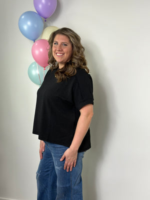 Soft Ribbed Short Sleeve Roundneck Top - Black (Small - 3X)
