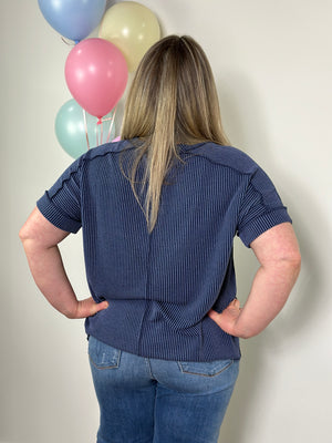 Soft Ribbed Short Sleeve Roundneck Top - Navy (Small - 3X)
