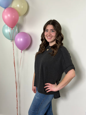 Soft Ribbed Short Sleeve Roundneck Top - Charcoal (Small - 3X)