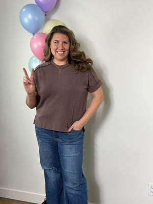Soft Ribbed Short Sleeve Roundneck Top - Brown (Small - 3X)