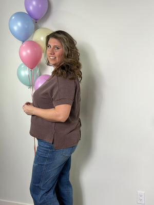 Soft Ribbed Short Sleeve Roundneck Top - Brown (Small - 3X)