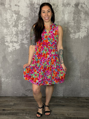 Lizzie Wrinkle Free Tiered Printed Ruffle Dress -Pink/Orange Floral (Small - 3X)
