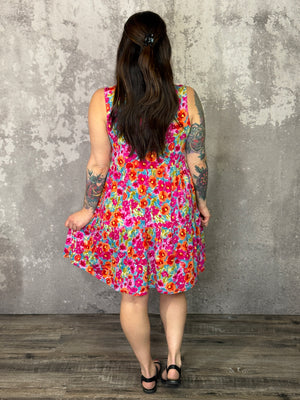 Lizzie Wrinkle Free Tiered Printed Ruffle Dress -Pink/Orange Floral (Small - 3X)