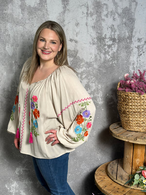 Floral Embroidered Long Sleeve Taupe Top (Small - 3X)