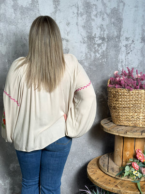 Floral Embroidered Long Sleeve Taupe Top (Small - 3X)