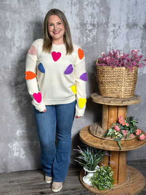 Cream Crewneck Sweater with Multicolor Heart Appliqué