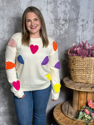 Cream Crewneck Sweater with Multicolor Heart Appliqué