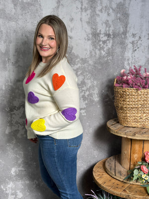 Cream Crewneck Sweater with Multicolor Heart Appliqué