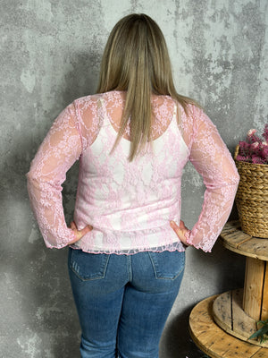 Moch Neck Sheer Lace Top - Pink (Small - 3X) - FINAL SALE